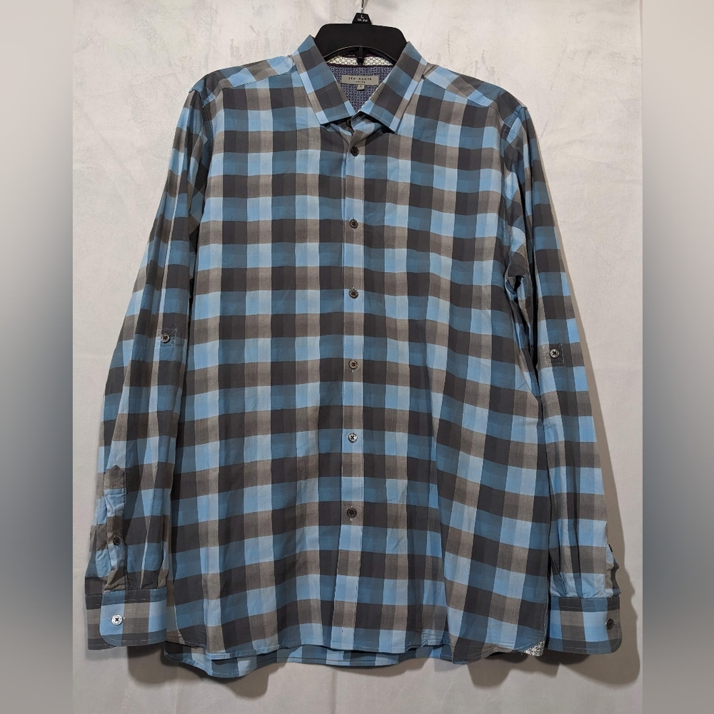 ☘️Ted Baker Weybiza Slim Blue Plaid Roll Sleeve Button Down Shirt Size 5 Large